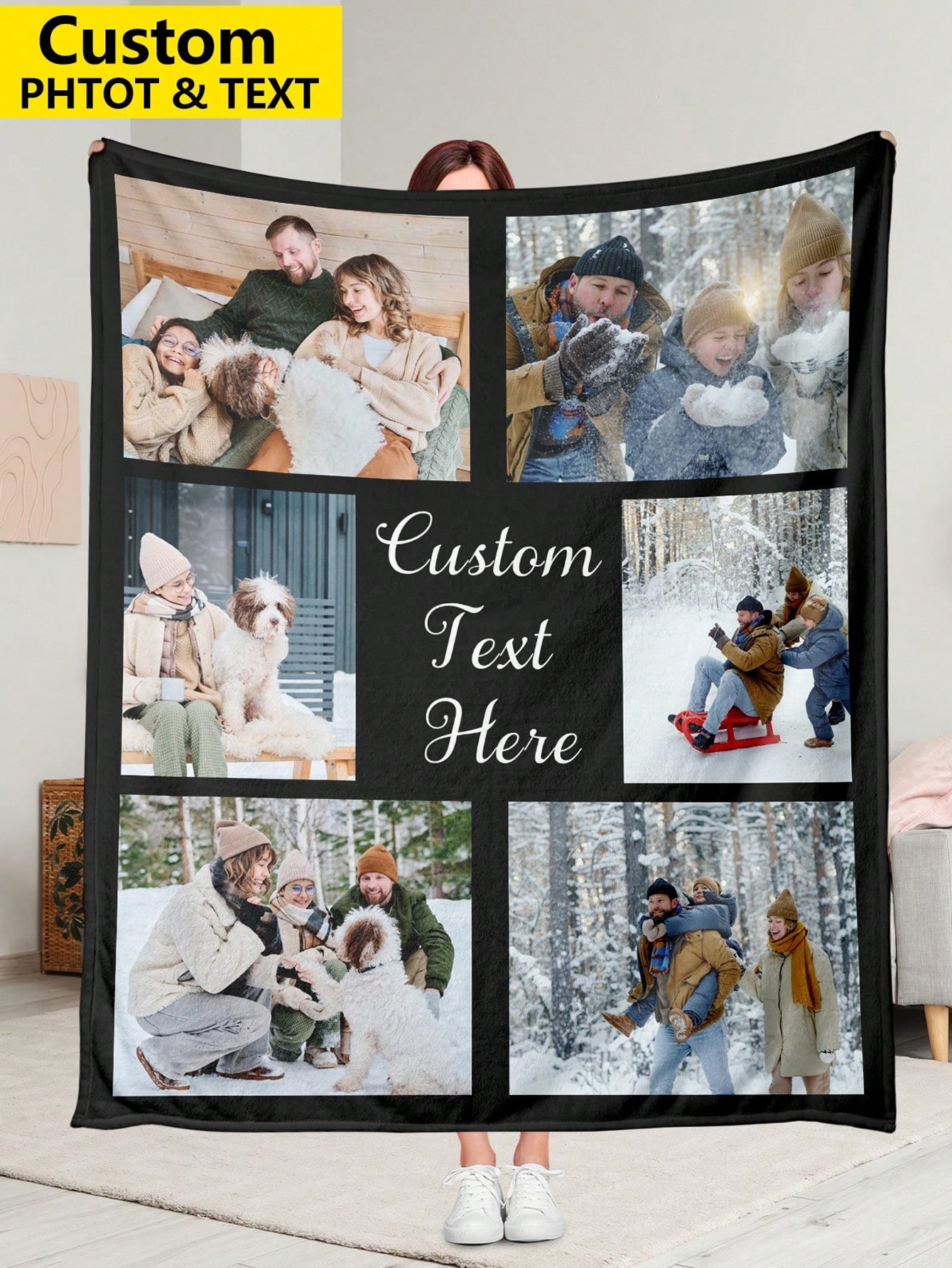 Custom Photo and Text Flannel Blanket Personalized Photo Collage and Text Customization